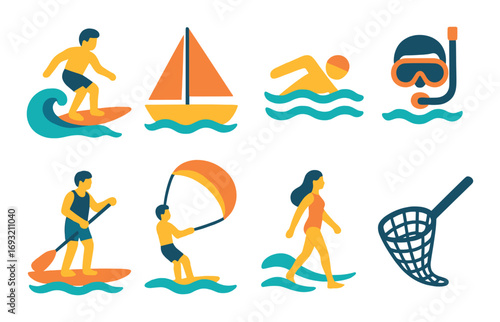 Beach activities silhouette icon set. featuring surfing, sailing, swimming, snorkeling, paddleboarding, sunbathing, walking.