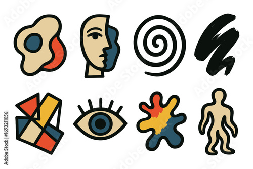 Abstract art silhouette icon set. featuring egg, face, spiral, brushstroke, shapes, eye, splash, and human symbols.