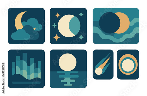 Night sky flat icons set. featuring moon, stars, eclipse, aurora, comet, reflection.