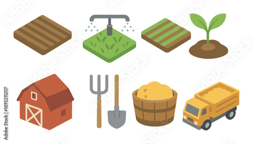 Agriculture flat icon set. featuring field, sprinkler, seedling, barn, tools, harvest, and truck symbols.