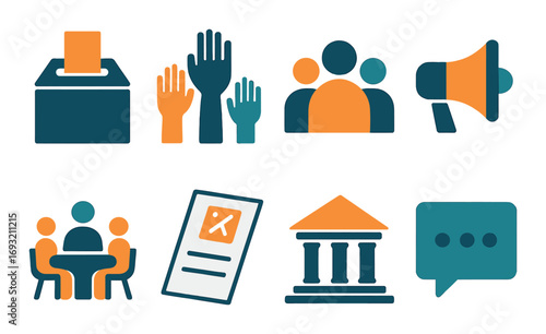 Elections flat icon set. featuring ballot, voting, community, campaign, meeting, id, government, and speech symbols.