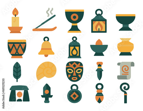 Tribal ritual flat icon set. featuring candle, incense, chalice, mask, drum, bell, dagger, and scroll symbols..