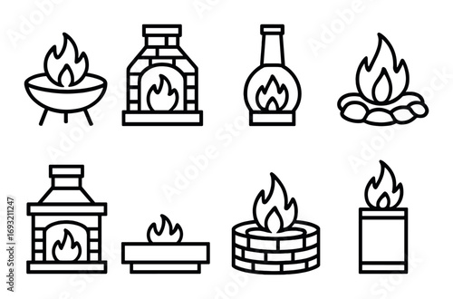 Fireplaces and campfires linear icon set. featuring grill, fireplace, lantern, bonfire, heater, and candle symbols.