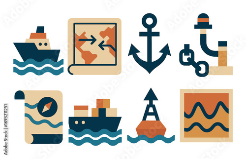 Nautical flat icons set. featuring ship, map, anchor, rope, compass, cargo, buoy, and waves symbols.