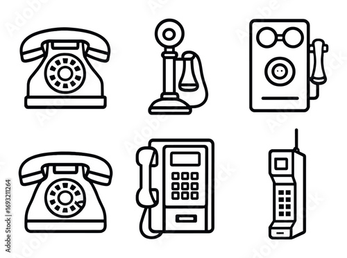 Vintage telephones linear icon set. featuring rotary, candlestick, wall, keypad, and mobile symbols.