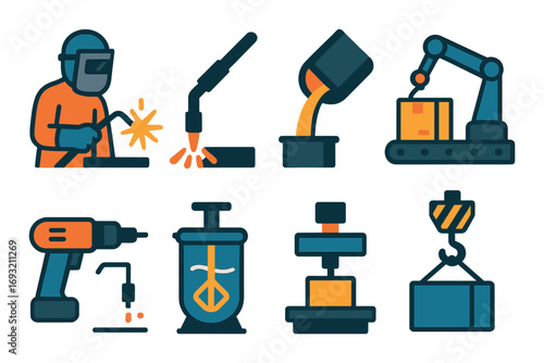 Industrial production flat icon set. featuring welding, casting, assembly, drilling, pressing, lifting symbols.