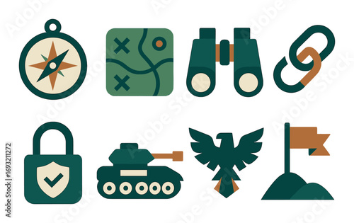 Adventure silhouette icon set. featuring compass, map, binoculars, link, padlock, tank, eagle, flag symbols.