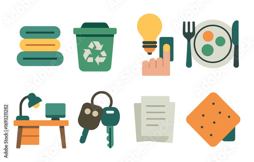 Home & office flat icon set. featuring lightbulb, keys, desk, trash, menu, plate, files, and mouse symbols.
