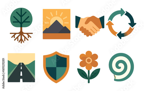 Sustainability flat icons set. featuring tree, mountain, handshake, recycle, road, shield, flower, spiral.