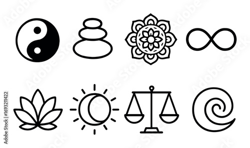 Spiritual symbols silhouette icon set. featuring yin yang, mandala, infinity, lotus, sun, moon, scales, spiral.