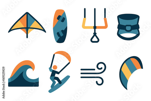 Kitesurfing silhouette icon set. featuring kite, board, harness, bar, wave, wind, and kiteboarding gear symbols.
