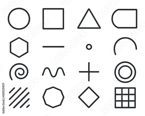 Basic shapes linear icons set. featuring circle, square, triangle, octagon, spiral, and more.