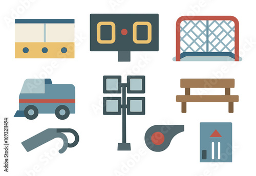 Hockey flat icon set. featuring rink, scoreboard, net, zamboni, bench, whistle, and locker symbols.