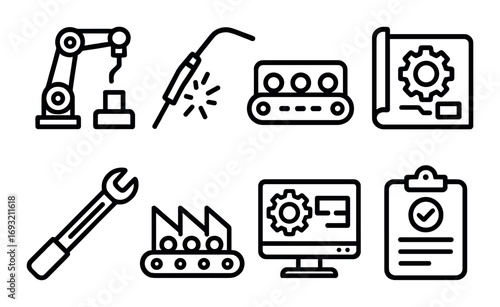 Industrial linear icons set. featuring robot arm, welding, conveyor, blueprint, wrench, factory, monitor, checklist.