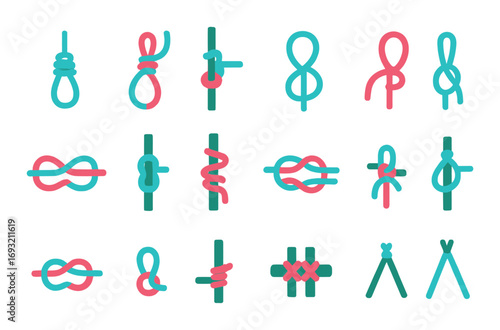 Knots flat icon set. featuring square, clove hitch, bowline, figure-eight, reef, and sheet bend icons.