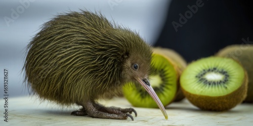 A curious kiwi bird with a close-up view of its feathers, and fruit.