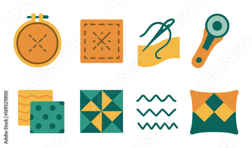 Sewing tools silhouette icon set. featuring embroidery hoop, fabric square, needle, rotary cutter, quilt patterns.