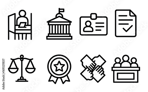 Government and legal linear icon set. featuring election, courthouse, id card, document, justice, award, teamwork, meeting.