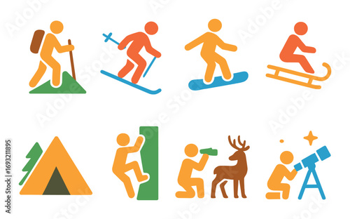 Winter activities silhouette icon set. hiking, skiing, snowboarding, camping, climbing, wildlife, stargazing.