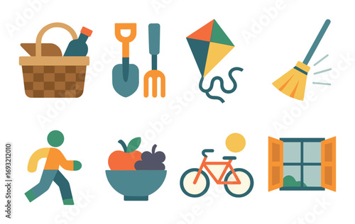 Spring activities flat icon set. featuring picnic, gardening, kite, cleaning, walking, fruit, biking, window.