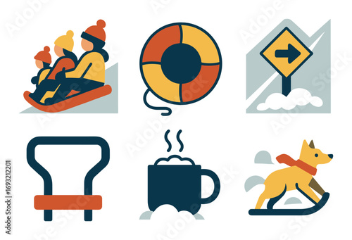 Winter activities flat icon set. featuring sledding, lifebuoy, sign, ski lift, hot drink, and dog sled symbols.