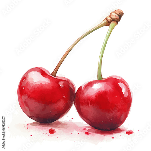 Cherry, watercolor clipart vector, isolated on a white background.