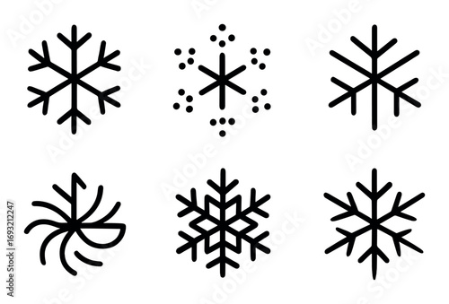 Winter snowflake silhouette icons set. featuring snow, crystals, frost, ice, meteorology, and chill symbols.