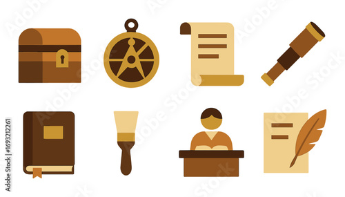 Pirate adventure flat icon set. featuring chest, compass, map, telescope, book, brush, sailor, document.