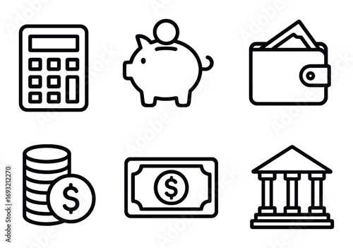 Finance silhouette icon set. featuring calculator, piggy bank, wallet, coins, cash, and bank symbols.
