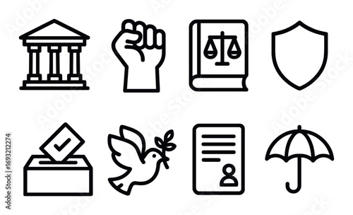 Human rights linear icon set. featuring justice, equality, law, security, voting, peace, identity, protection.
