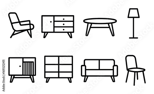 Home furniture linear icon set. featuring sofa, chair, table, lamp, cabinet, armchair, and dresser symbols.