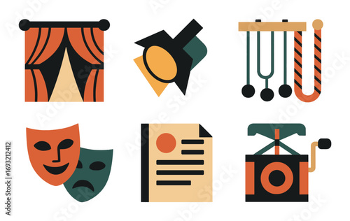 Theater arts flat icon set. featuring curtains, spotlight, marimba, masks, script, phonograph symbols.