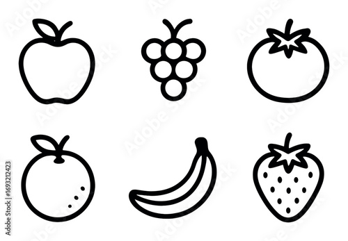 Fruit silhouette icon set. featuring apple, grape, tomato, orange, banana, and strawberry symbols.