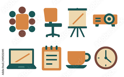 Office meeting flat icon set. featuring table, chair, projector, laptop, notepad, coffee cup, and clock.