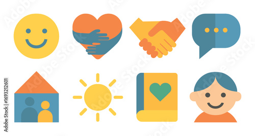 Community and wellbeing flat icon set. featuring smiley, heart, handshake, chat, family, sun, book, person.
