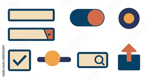Ui elements flat icon set. featuring button, checkbox, search, dropdown, toggle, upload symbols.