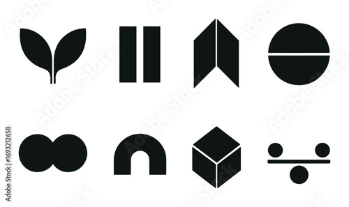 Geometric silhouette icon set. featuring leaf, pause, arrow, circle, infinity, arch, cube, division.