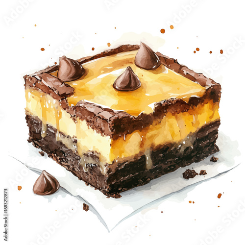 Cheesecake Brownie, watercolor drawing vector, isolated on a white background.