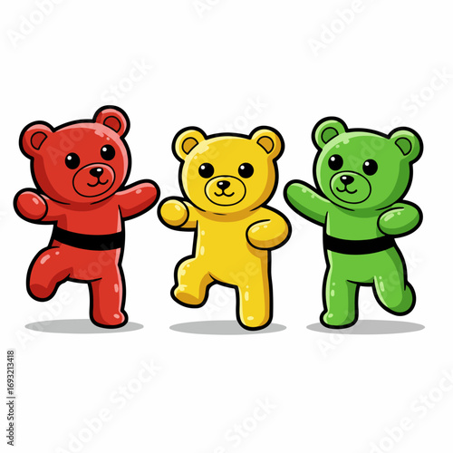 Three dancing gummy bears in vibrant red yellow and green colors