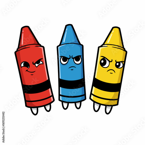 Three grumpy crayons plotting mischief with cartoon faces and expressive eyes