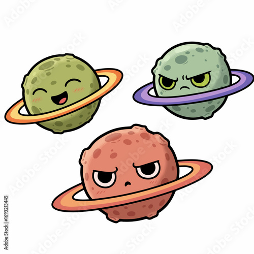 Cute cartoon planets express different emotions with rings