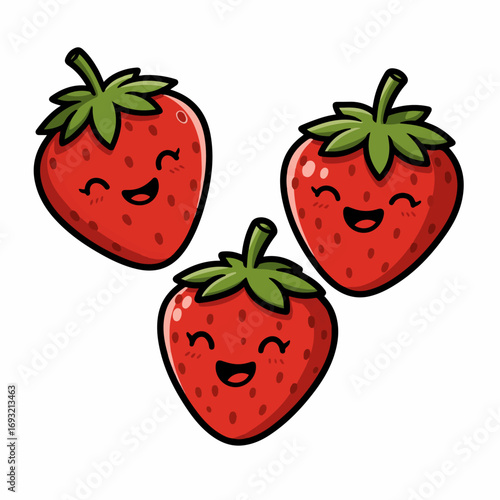 Three happy cartoon strawberries smiling with joy and excitement