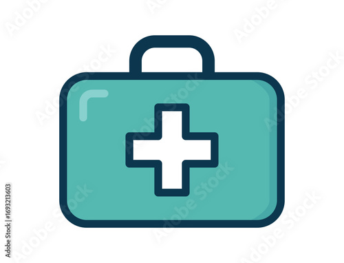 Teal-colored first aid kit with a white cross in the center, outlined in dark blue and featuring a top handle. It symbolizes healthcare and emergency medical aid.