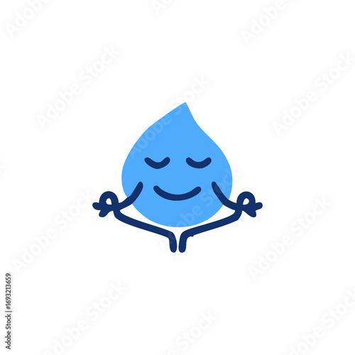 A stylized, blue water droplet, depicted as a cartoon character in a meditative pose