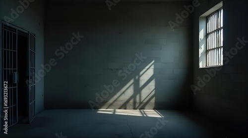 Empty Prison Cell with Sunlight: Dark Interior, Bars, Window, Concrete Walls, Jail, Confinement, Imprisonment, Justice, Crime, Despair