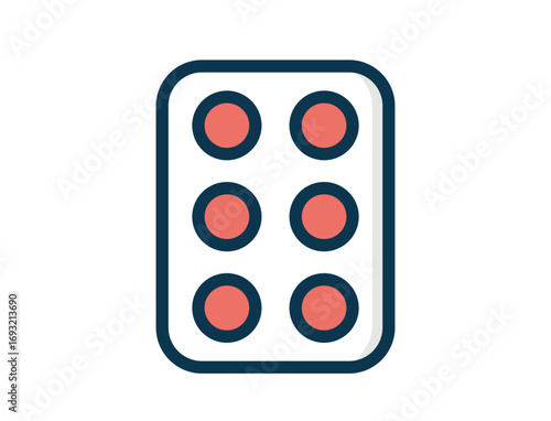 Simplified, stylized illustration of a blister pack containing six red round pills. It represents medicine or pharmaceutical products.