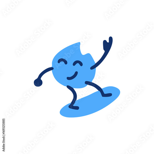 Cute blue blob character on a surfboard