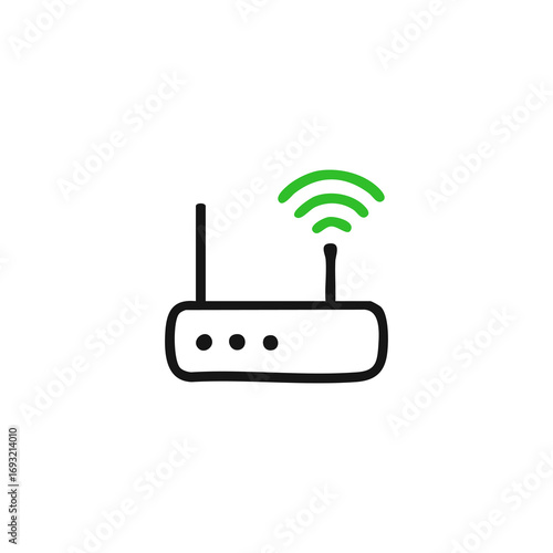 Simple black outline drawing of a wireless router with green wifi signal