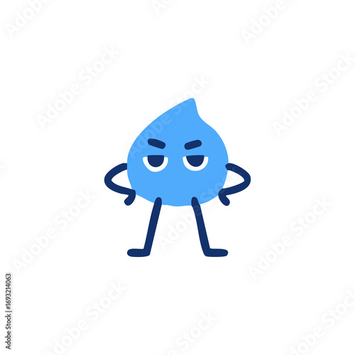 A light-blue teardrop shape with an angry expression, hands on hips