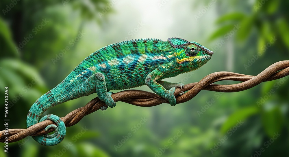 Fototapeta premium Colorful Green Blue Chameleon Climbing on Twisted Branch in Dense Jungle